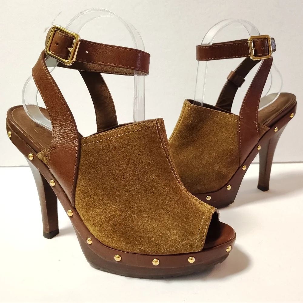 Tory Burch Women's Bilson Suede Ankle Closure Peep Toe Studded Pumps Brown 7.5